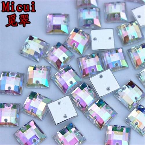 Micui 100pcs 10mm Square Clear AB Acrylic Rhinestones Sewing Flatback Crystal Stone Sew on For Clothes Dress Craft Diy ZZ203
