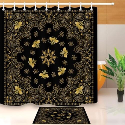 LB Gold Paisley Pattern Mandala Shower Curtain Retro Baroque Bees Pattern Ethnic Shower Curtain Set with Hooks Waterproof Fabri