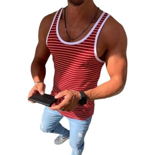 Summer Men Vest Sleeveless Horizontal Stripes O Neck Slim Tank Top T-shirt for Bodybuilding