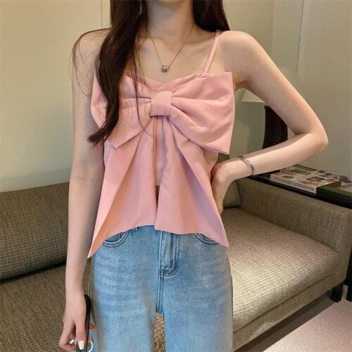 Ins Korean Fashion Cute Soft Girls Suspender Shirt Summer Casual Kawaii Big Bowknot Solid Female Vest Retro Slim Waist Women Top