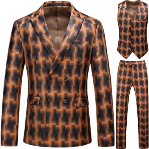 Mens Plaid Blazers Set Double Breasted Slim Fit M-6XL Banquet Fashion Male Suit Three Piece Set Jacket Pants Vest Trousers