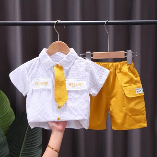 New Summer Baby Boy Casual Clothes Infant Stars Shirt Pants 2Pcs/Set Gentleman Tie Kids Lapel Suits Children Fashion 0-5 Years