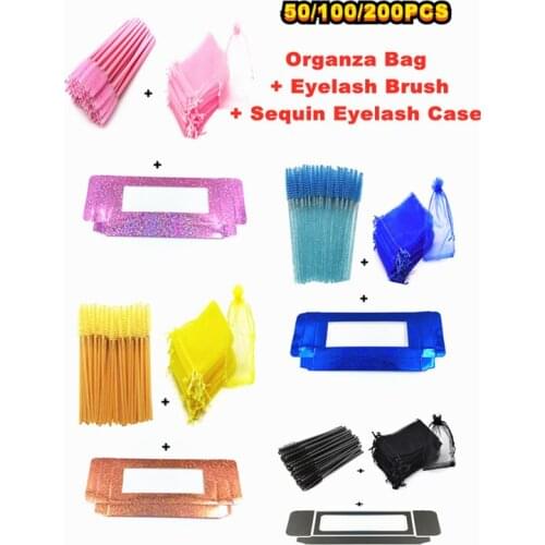 New bulk order silk organza beautiful eyelash packaging bag with free fake eyelash applicator brush for wholesale bundles makeup