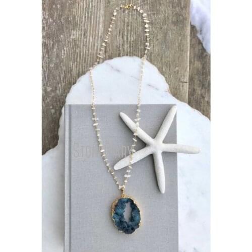 NM14766 Blue Geode Beaded Necklace Teal Druzy White Beaded Rosary Necklace Boho Geode Bead Rainbow Nugget Necklace Jewelry