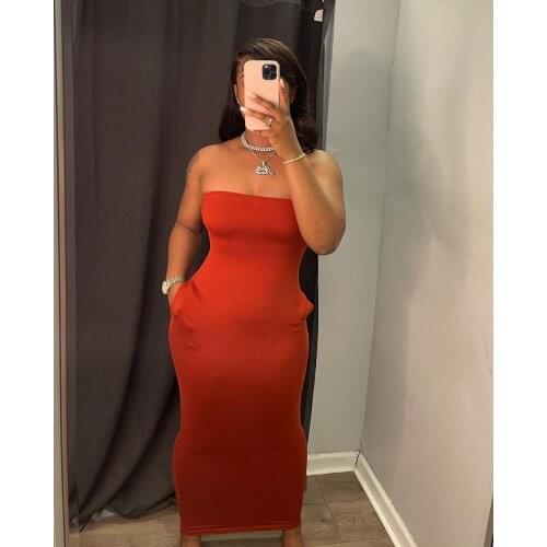 Solid Off Shoulder Strapless Sexy Body-shaping Maxi Dresses Stretchy Summer Bandage Dress with Pockets Casual Slim Long Vestidos