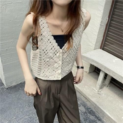 Spring Summer Beach Hollow Out Crochet Crop Top Knitted Vest Womens Sleeveless Jacket Cardigan Boho Bohemian Waistcoat Short