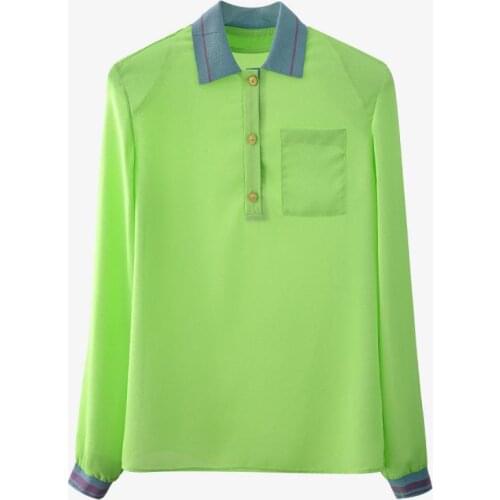 Lapel Long-Sleeved Green Spring Summer Pullover Fashion Metal Single-Breasted Ol Cotton Brand Design Women Casual Top T-Shirt