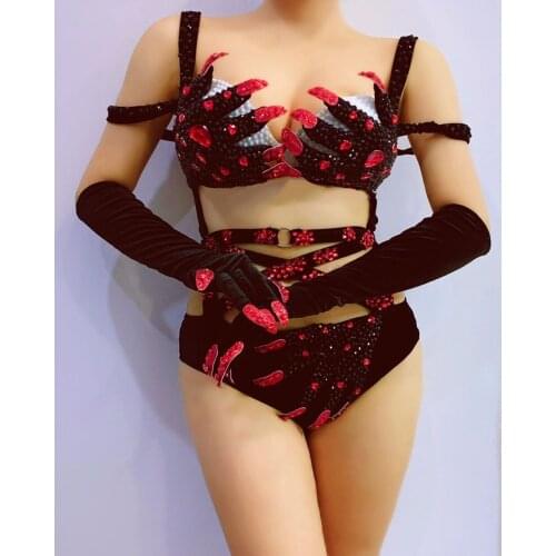 Sexy Nightclub Stage Wear Talons Glove Black Velvet Rhinestones Bandage Bikini Bodysuit Bar DJ Singer Pole Dance Leotard Costume