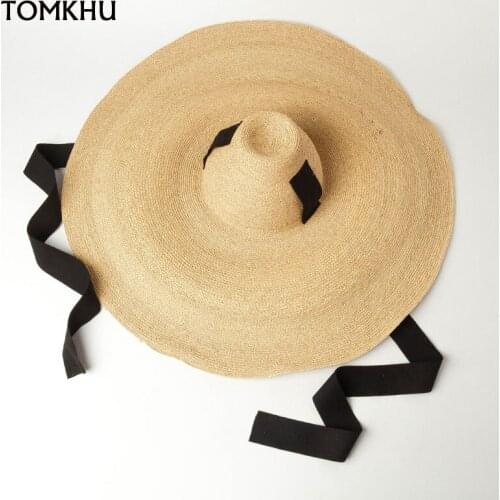 Oversized Straw Hat For Women Wide Brim Summer Sun Hat Hand-knitted Tapered High-top Strapst Large Raffia Beach Hat 2021 Fashion