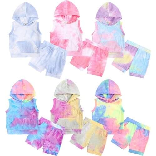 0-24M Baby Girls Tracksuit Clothes Set Tie Dye Kids Boy Summer Rainbow Gradient Hooded Tops + Short Pants Outfits Newborn Sets