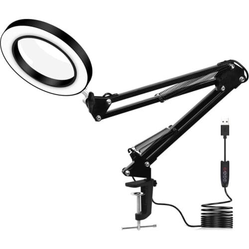 LED Folding Long Arm Clip Eye Protection Lamp Usb Reading Book Lamp Magnifying Glass Lamp Black 33+33CM