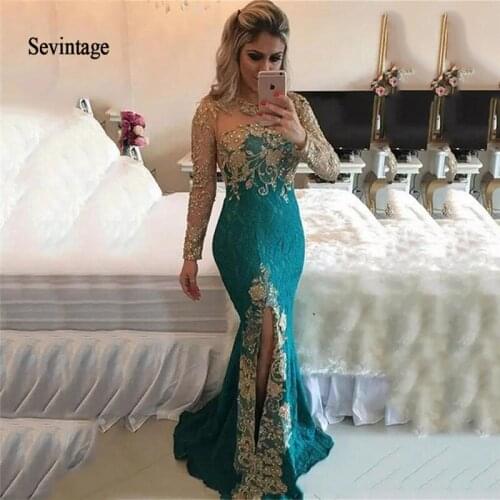 Sevintage Arabic Mermaid Evening Dresses Gold Lace Beaded Long Sleeve Saudi Arabia Prom Gowns Sheer Back Slit Side Formal Gowns
