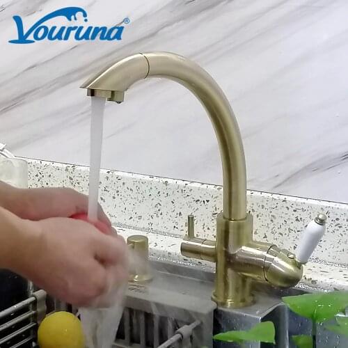 VOURUNA Vintage Bronze Kitchen Faucet Old Style Ro Water Sink Mixer Tri Flow 3 Way Water Filter Tap