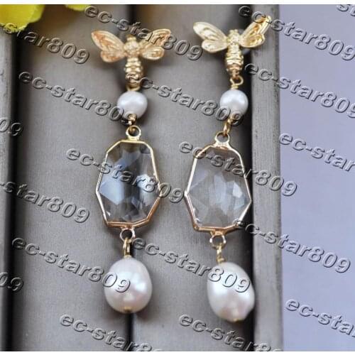 Z11363 20mm Faceted Transparent Crystal White Pearl Dragonfly Dangle Earring