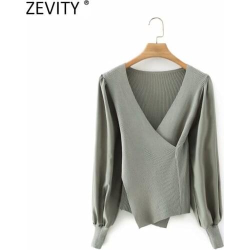 Zevity 2021 Women Fashion Cross V Neck Solid Chiffon Sleeve Patchwork Knitting Smock Blouse Female Shirt Chic Blusas Tops LS7701