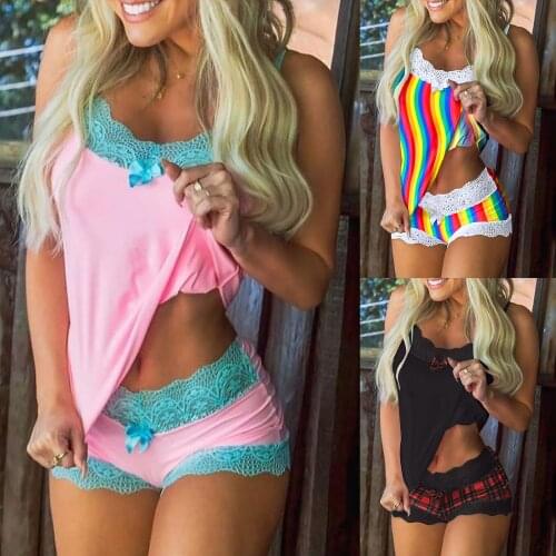 2021 Women Sleeping suits two pieces set Lace Short sleeve high waist bowknot shirt and underwear