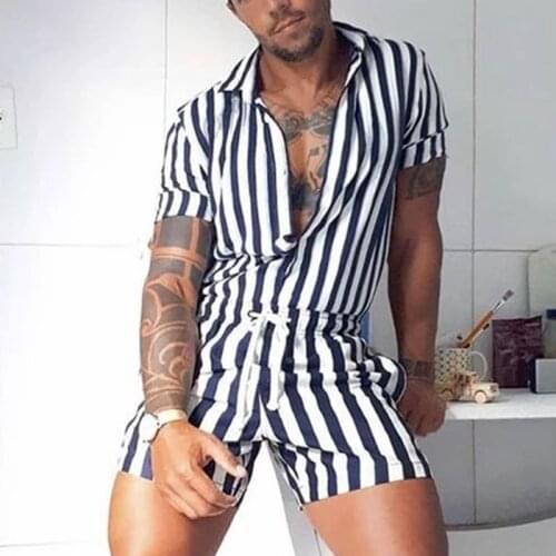 Hirigin Women Fashion Men Striped Rompers Short Sleeve Button Shorts Lapel Jumpsuit Drawstring Streetwear 2021 Casual Playsuit