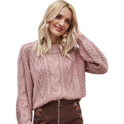 2020 Autumn and Winter New Round Neck Pullover Women Knit Sweater Cable Long Sleeve Loose Sweater Top