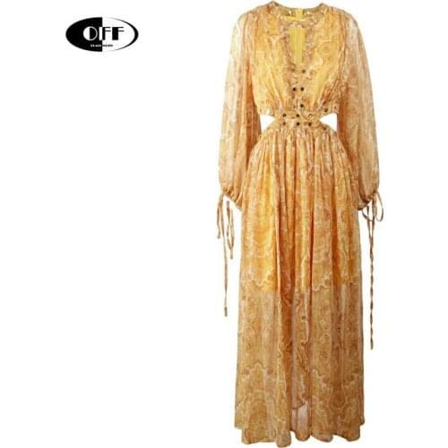 Designer Beach Bohemia Vintage Printed Sexy Hollow Out Long Dresses For Women Lantern long sleeve rivet chic holiday maxi dress