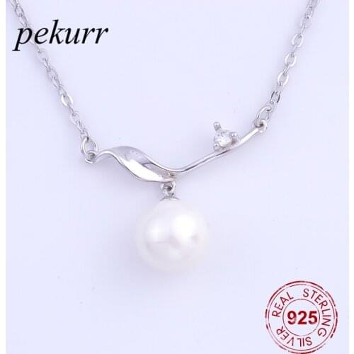 Pekurr 925 Sterling Silver 9mm Natural Freshwater Pearl & Zircon Leaf Necklace For Women Silver Pendants Fine Jewelry Gift