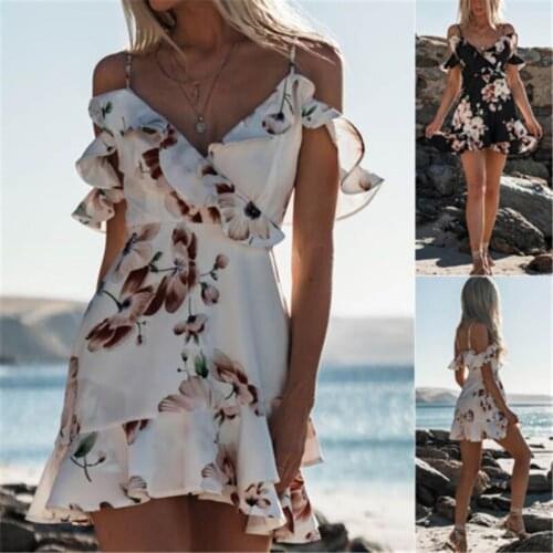 Women Dress Summer Floral Dress Off Shoulder Boho Party Beach Short Mini Dress Sexy Holiday Sundress Cover-Ups