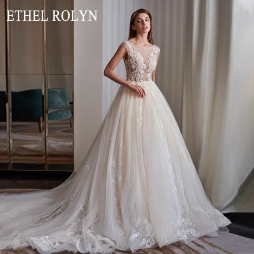 ETHEL ROLYN A-Line Wedding Dress 2021 Elegant Backless Illusion Scoop Bride Sleeveless Shiny Beading Lace Princess Bridal Gowns