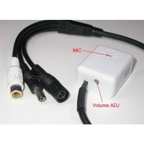 Sound monitor box MIC microphone with pre-amplifier for CCTV IP camera, Volume adjustable, DC Jack male + female LOOP