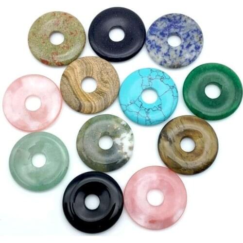 10pcs/lot Colorful Stone Donut Pendant Mixed Colors 35 MM Round Circle Crystal Tiger Eye Carnelian Lava Onyx etc