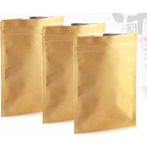 Kraft paper Sealable Aluminum foil inside ziplock food candy package bag small Flat Bottom gold zip lock bag 100pcs