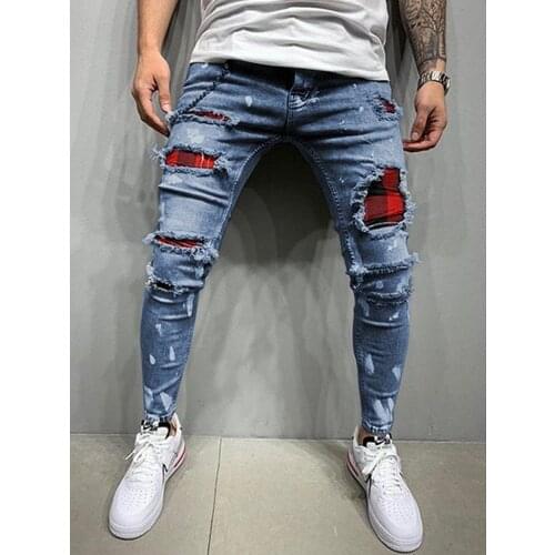 2021 New Mens Slim-Fit Ripped Pants New Mens Painted Jeans Patch Beggar Fashion Blue Black Jeans Jumbo Size S-4XL