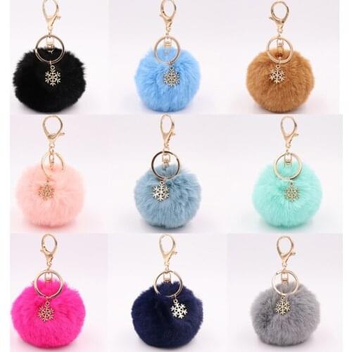 Pom Pom Keychain with Snowflake Pendant Charms Furry Fluffy Plush Ball Keyring for Women Girls Bag Accessories Ornament
