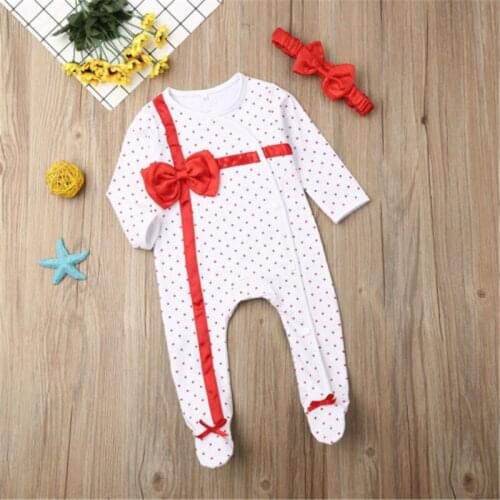 Toddler Baby Girls Boys Christmas Santa Claus clothes V-neck long sleeve Polka Dot Romper solid bow Headband 2pc lovely outfits