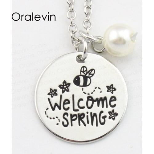 WELCOME SPRING BEES STARS Stamped Engraved Accessories charms custom Pendant Necklace gift hot fashion Jewelry,10Pcs/Lot, #LN736