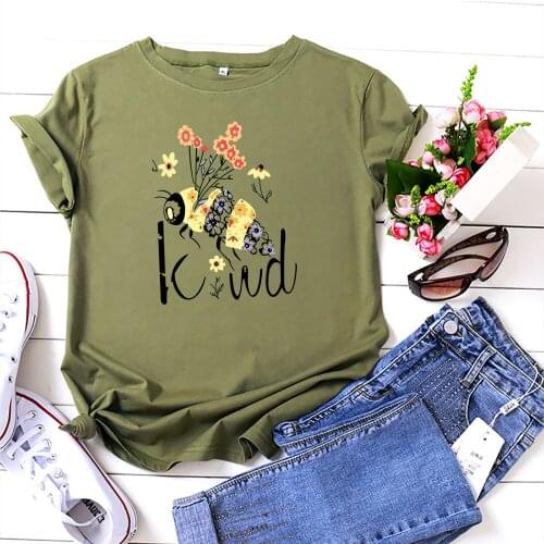 100% Cotton Summer New Womens T-shirt O-Neck Harajuku Bee Flower Be Kind Top Casual Female T shirt Oversized Size S-5XL