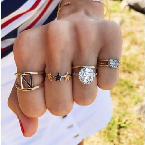 4Pcs/set New 2020 Trendy Geometry Personality Transparent Rhinestone Rings for Women Letter Star Shape Hollow Out Ring Set