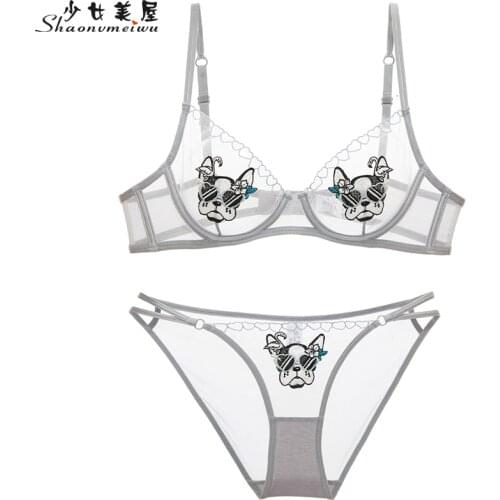 [original design] sexy transparent embroidery see-through animation underwear set sexy ultra-thin bra for women
