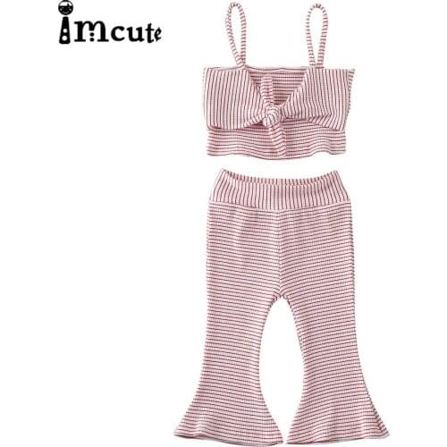 Imcute Toddler Baby Girl Clothes Set Striped Halter Tube Crop Top Off Shoulder T-shirt Bell Bottom Pants Summer Outfits 1-6Y