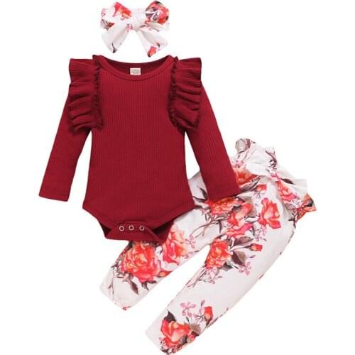0-18M Newborn Kid Baby Girl Floral Clothes set Autumn Winter Warm Top Bodysuit Bow Pant suit Elegant Cute Sweet Cotton Outfit