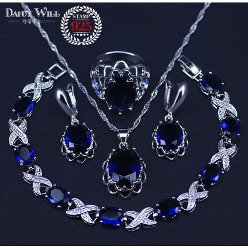 Blue Zircon Bridal silver color Jewelry Sets Women Pendant&Necklace Ring Drop Earrings With Natural Stones Bracelets Jewelry set