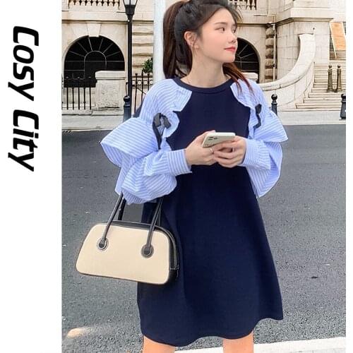 Korean Fashion Kawaii Ruffle Hoodies Women Sweatshirt Female Pullovers Autumn Stripe Sweater Crewneck Long Sleeve Dress