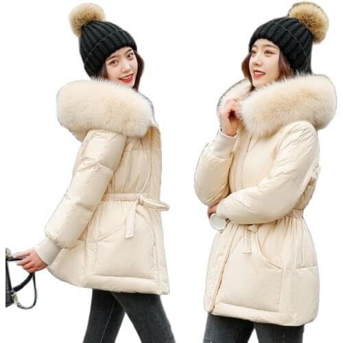 2021 New Winter Womens 90% White Duck Down Warm Long Zipper Jacket Plus Size Fur Collar Hooded Parka Women Cardigan Slim Coat