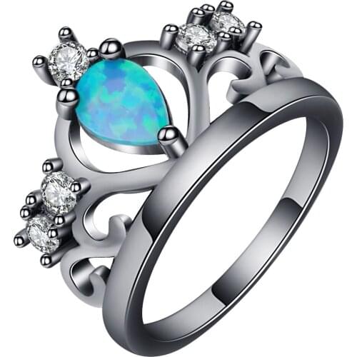 New princess crown ring women jewelry sky blue fire opal CZ stone wedding ring black gold-color band size 6-10 fashion jewelry