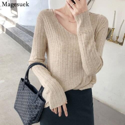 2021 Autumn Winter Knitted Womens Sweaters V-Neck Casual Pullover Minimalist Tops Fashion Korean Style Solid Sweater 15933
