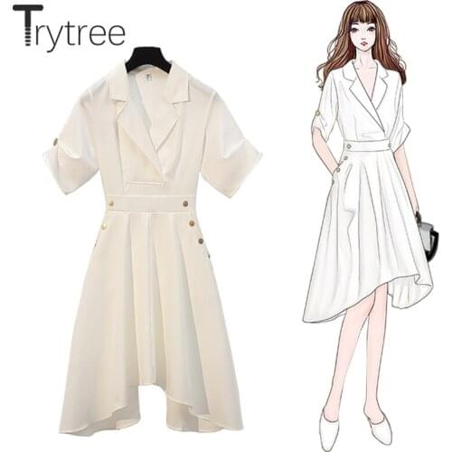Trytree Summer Womens Dress Casual Notched Lapel Pockets Solid Shirt Dress Half Sleeves Knee-Length Irregular Hem Office Lady