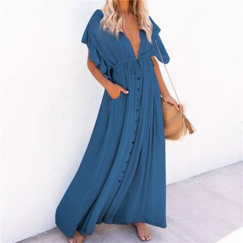 Dresses For Women Casual Short Sleeve 2021 Beach Dresses Womens Summer Holiday Sundress Solid Long Dress Tunics Robe Femmle