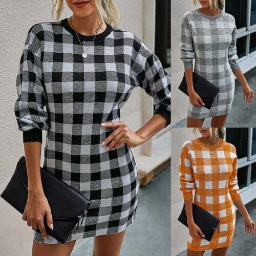 Dropshipping Fashion Women Autumn Winter Long Sleeve O Neck Bodycon Plaid Mini Sweater Dress