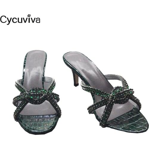 Sexy Rhinestone Thin Heels Slippers Women Summer Gladiator Sandals Peep Toe Crystal Slides Runway Party High Heel Shoes Woman