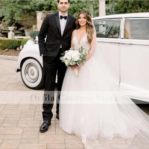 Modest Lace Wedding Dresses V Neck Summer Beach Bridal Gowns Soft Tulle Backless Wedding robe mariage
