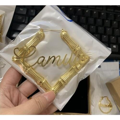 Custom Name Earrings 100mm Stainless Steel Shape Earrings Customized Name Earrings Bamboo Style Custom Hoop Earrings Numbers