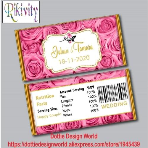 Pink Rose Engagement Party Favors Candy Bar Hershey Chocolate Wrapper Stickers Mini Candy Water Bottle Labels Wedding Decoration